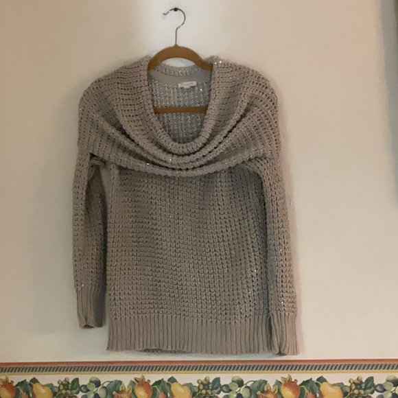 Cache Metallic Off Shoulder Knit Sweater, Size M, Gray/Silver - Picture 1 of 6